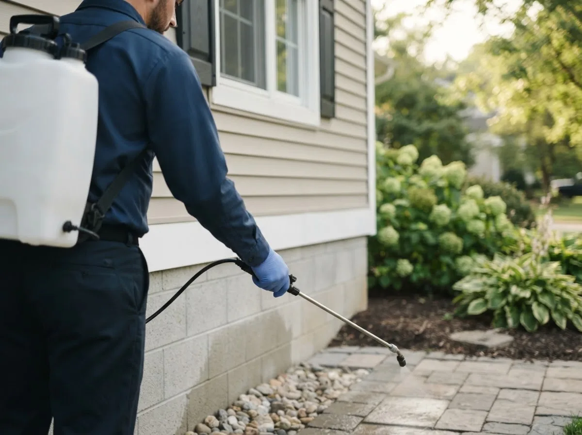 Pest control technician inspecting a home in Irvington, AL